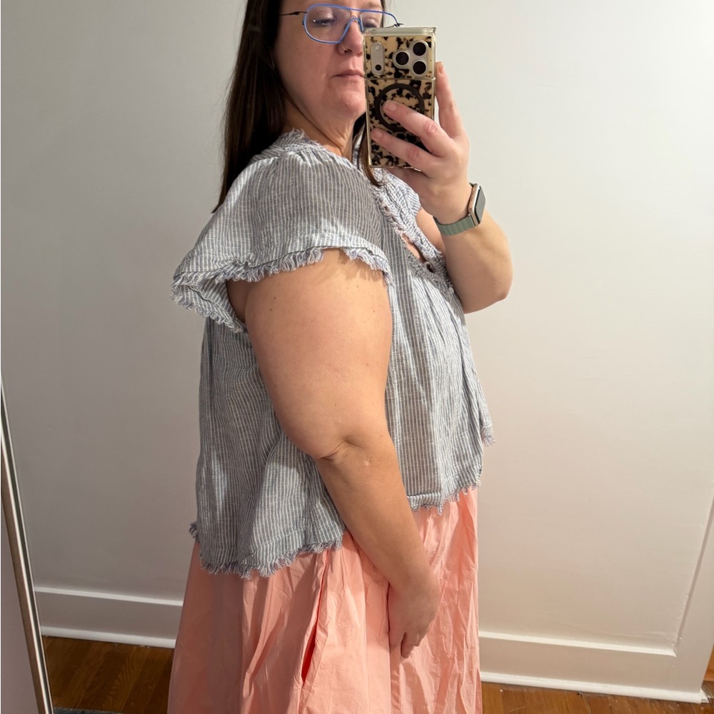 By Anthropologie short sleeve smocked linen-blend blouse in 1X. - Picture 3 of 7